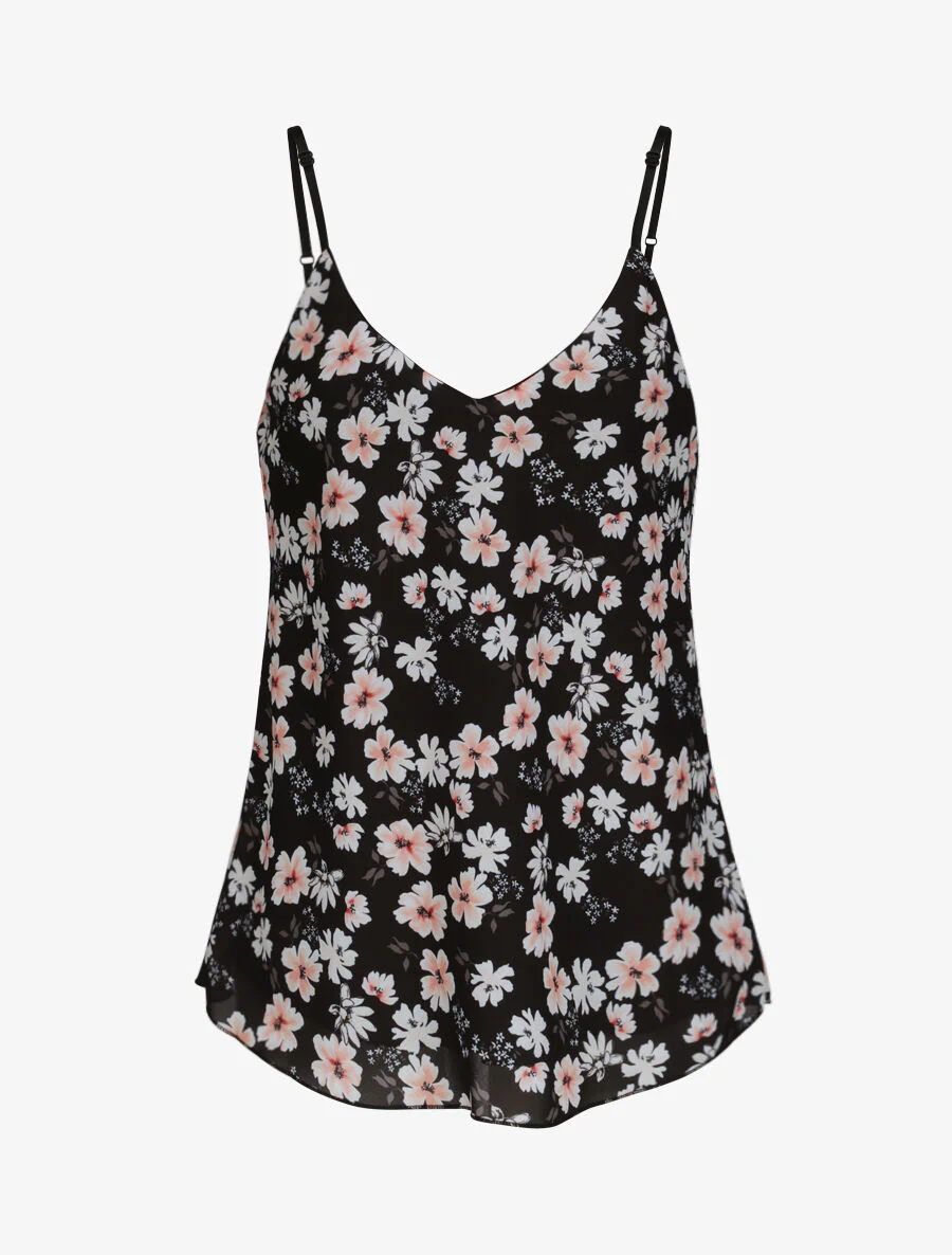 Top met gevlochten bandjes en lente bloemenprint - Zwart