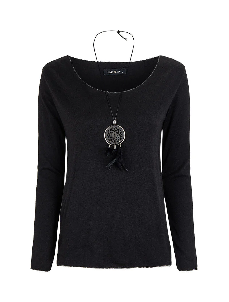 Top met iriserende randen met lange ketting - Zwart