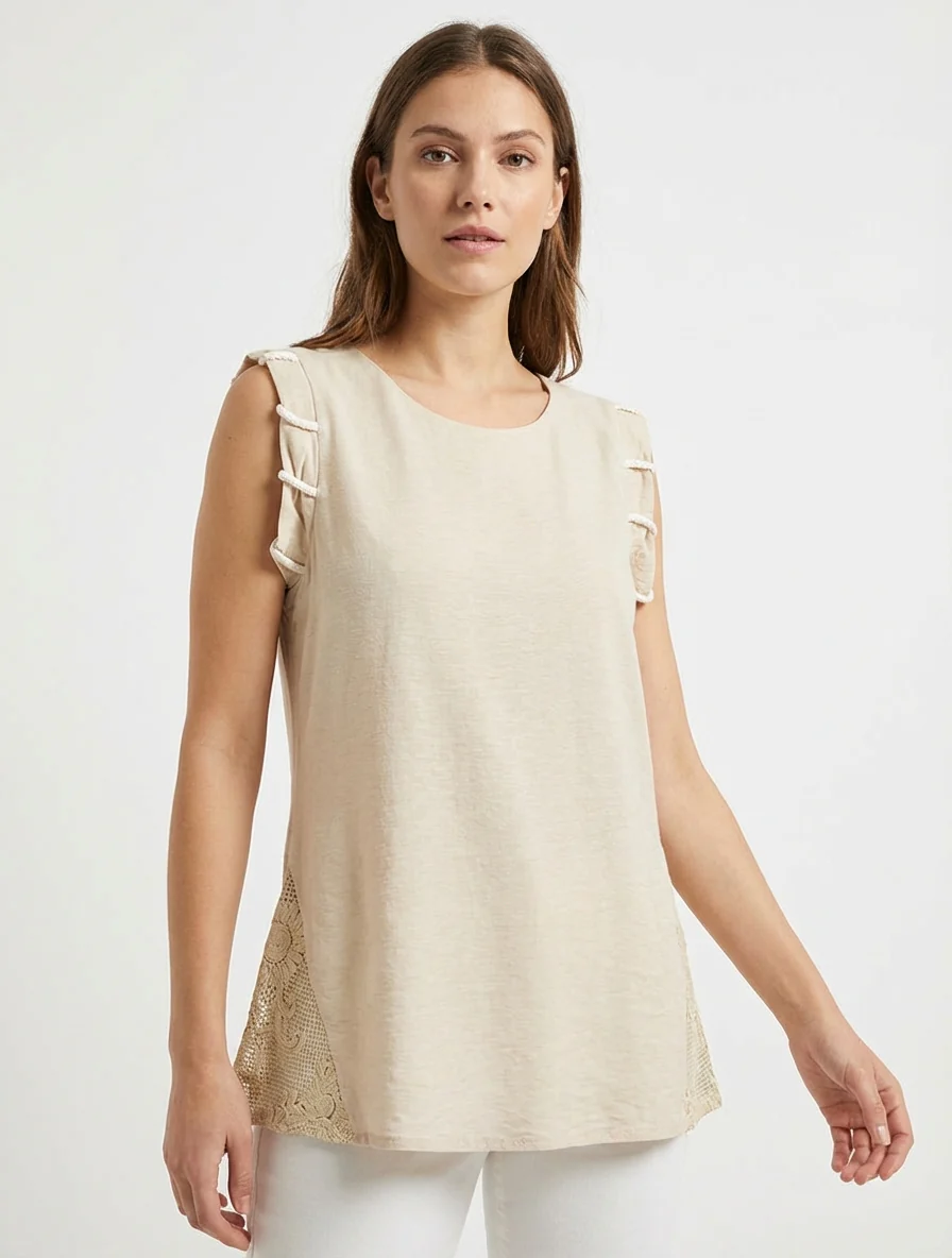 Top met koordachtige details en opengewerkte borduursels. - Beige - Image 4