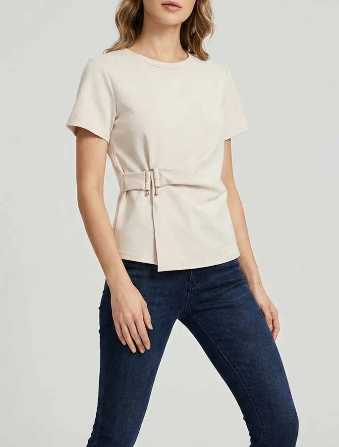 Top met korte mouwen en gesp - Beige - Image 4