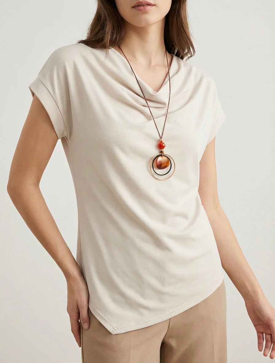 Top met korte mouwen en watervalhals - Lichtbeige - Image 4