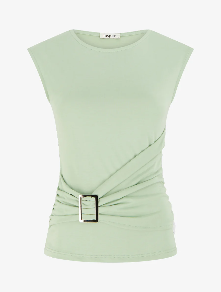 Top met ronde hals en sieraccent. - Amandelgroen