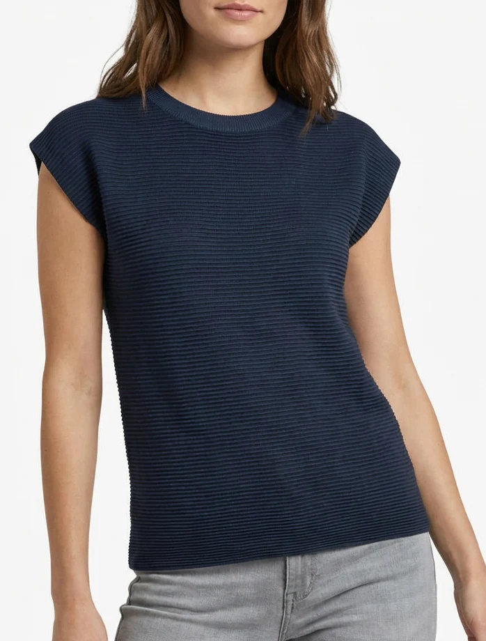 Top met textuur en ronde hals - Marine - Image 4