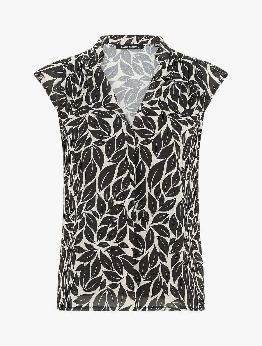 Top met V-hals en bladerenprint - zwart