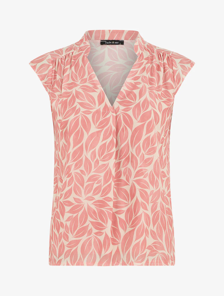 Top met V-hals en bladerenprint - Roze