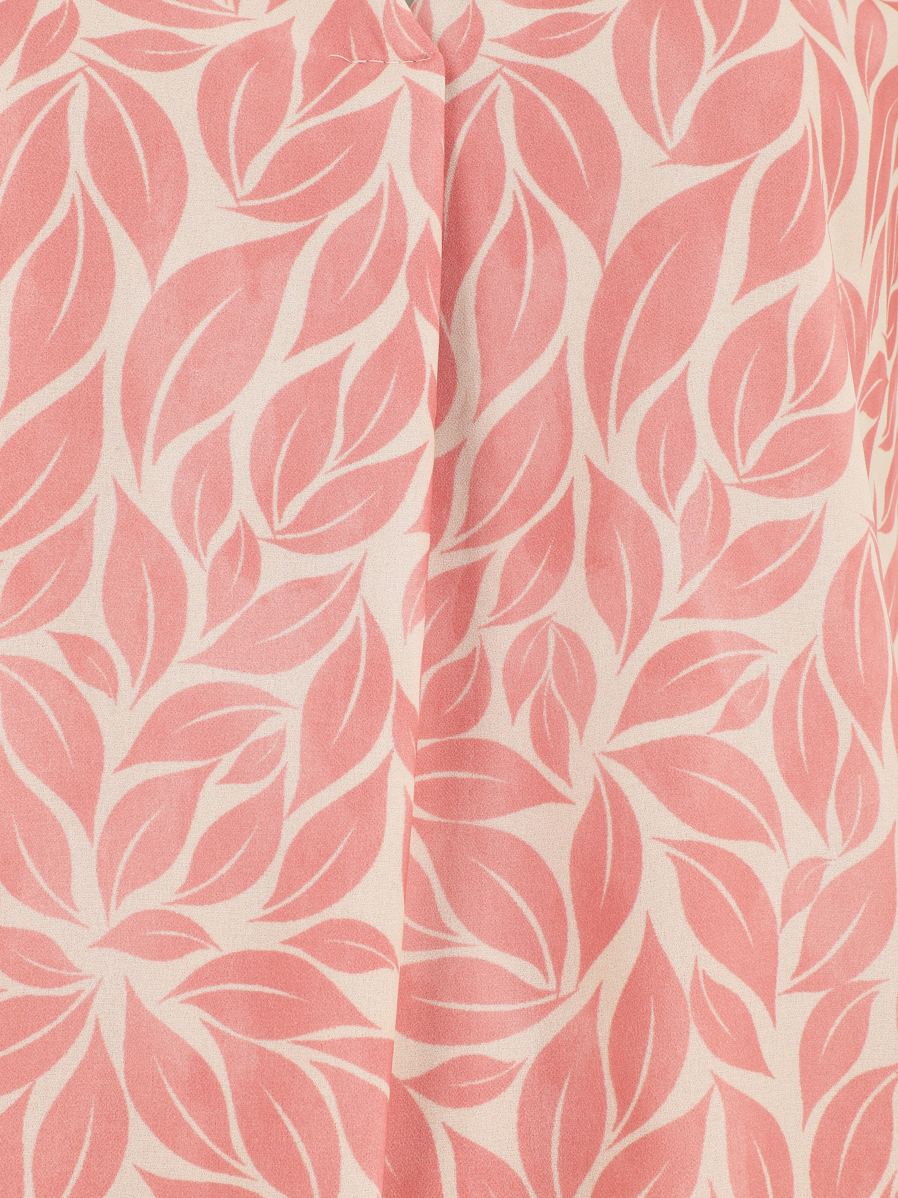 Top met V-hals en bladerenprint - Roze - Image 3