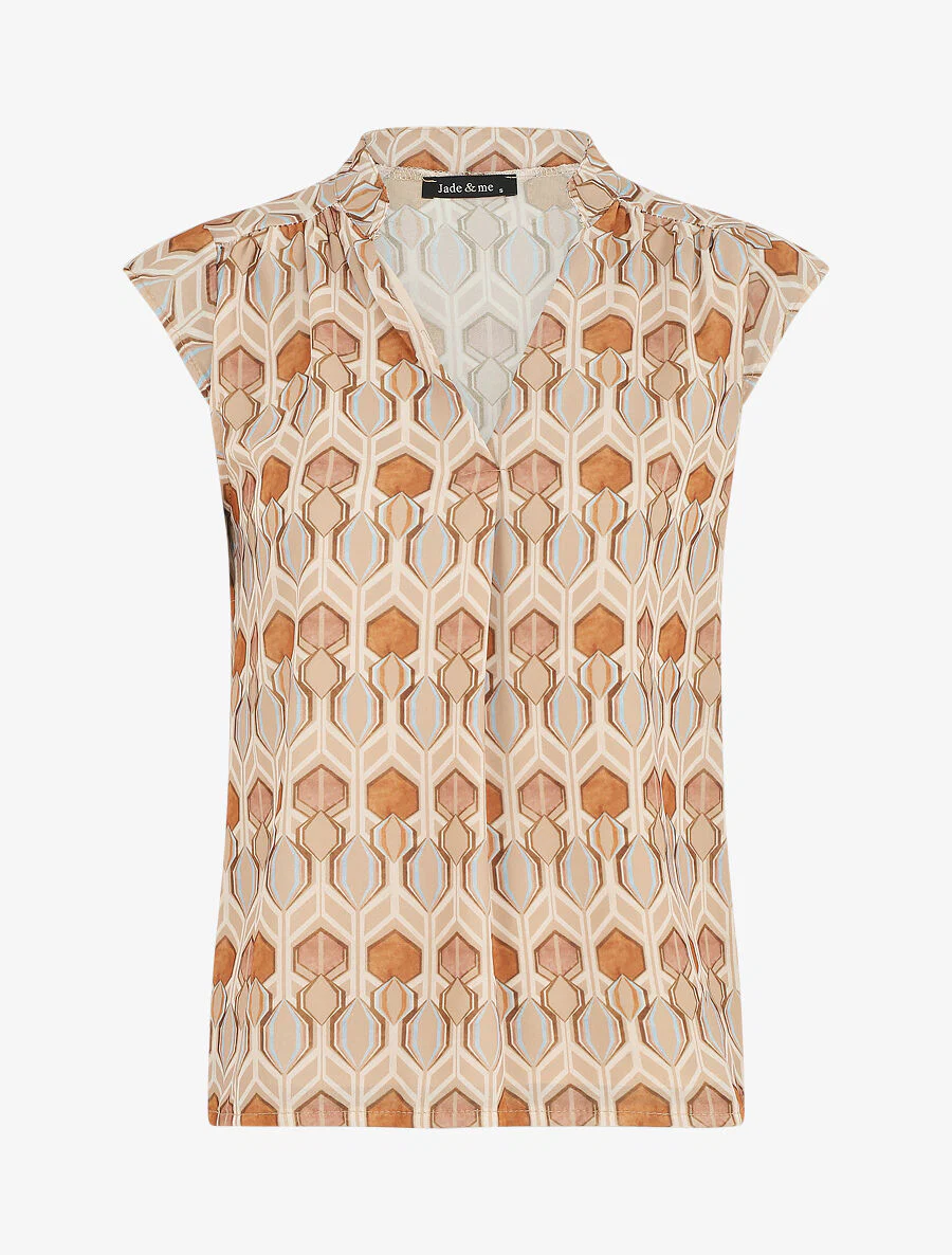 Top met V-hals en grafische print - beige