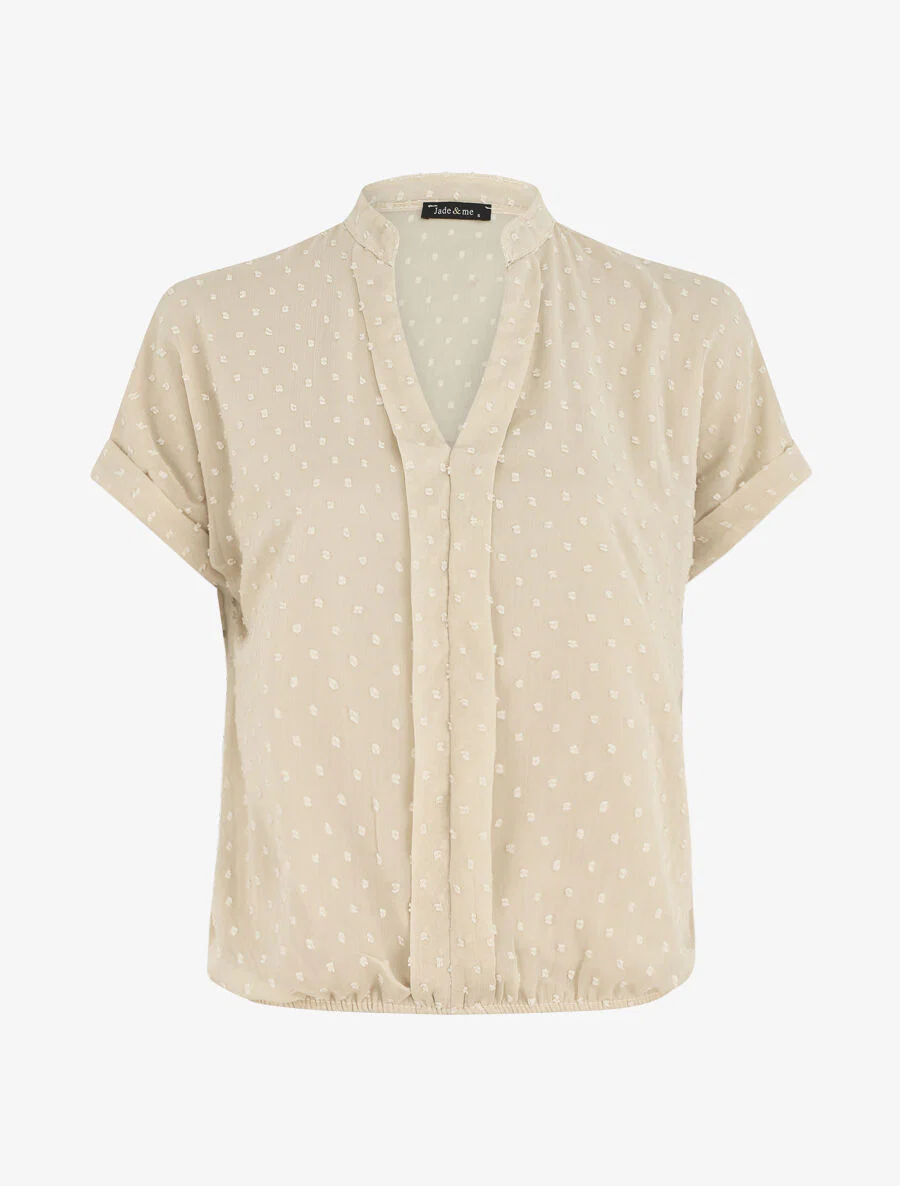 Top met V-hals en korte mouwen - beige