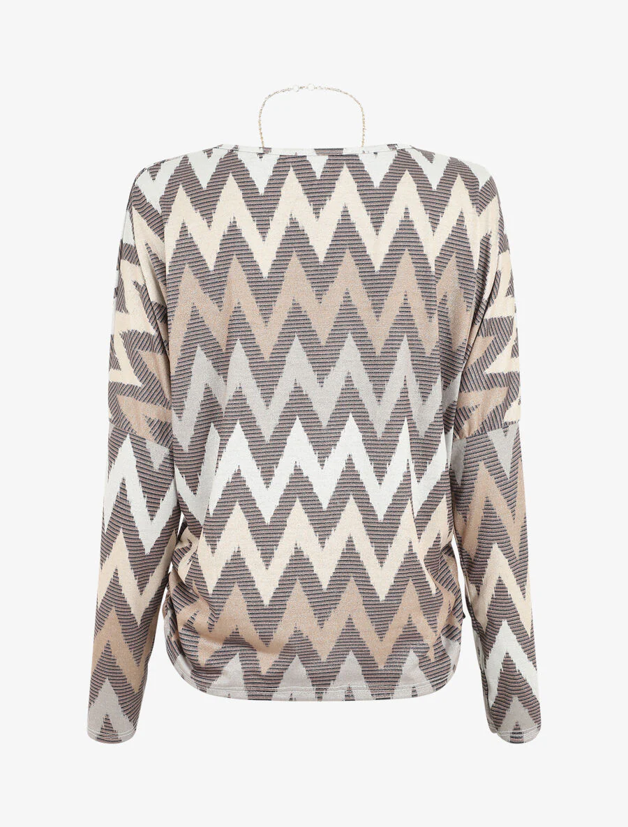 Top met vleermuismouwen en iriserende zigzagprint - Beige - Image 2