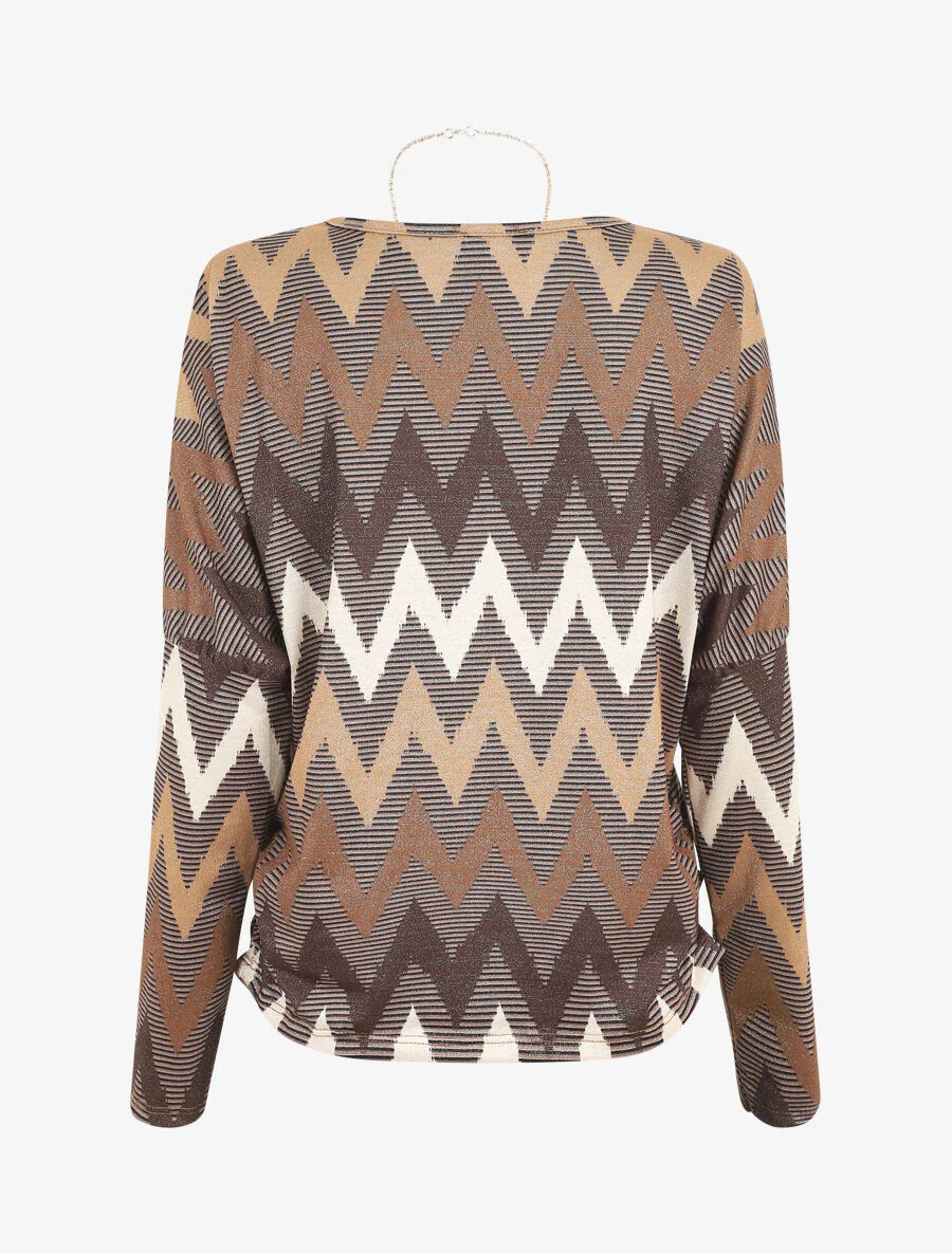 Top met vleermuismouwen en iriserende zigzagprint - Kameel - Image 2