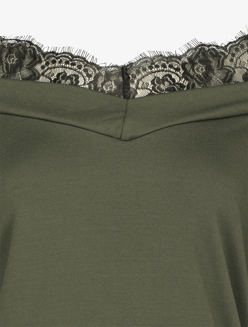 Top met blote schouders en kanten tanktop met trompe l'oeil - Kaki - Image 3