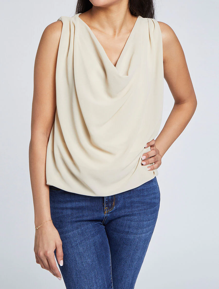 Rechte effen top met watervalhals - Beige
