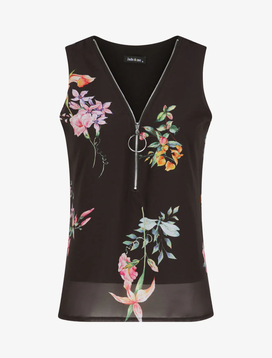 Bloemen top met ritskraag - Zwart