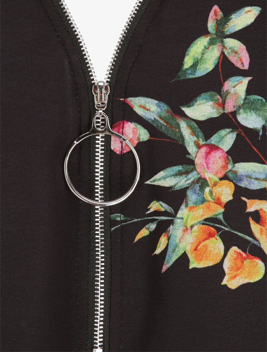 Bloemen top met ritskraag - Zwart - Image 3