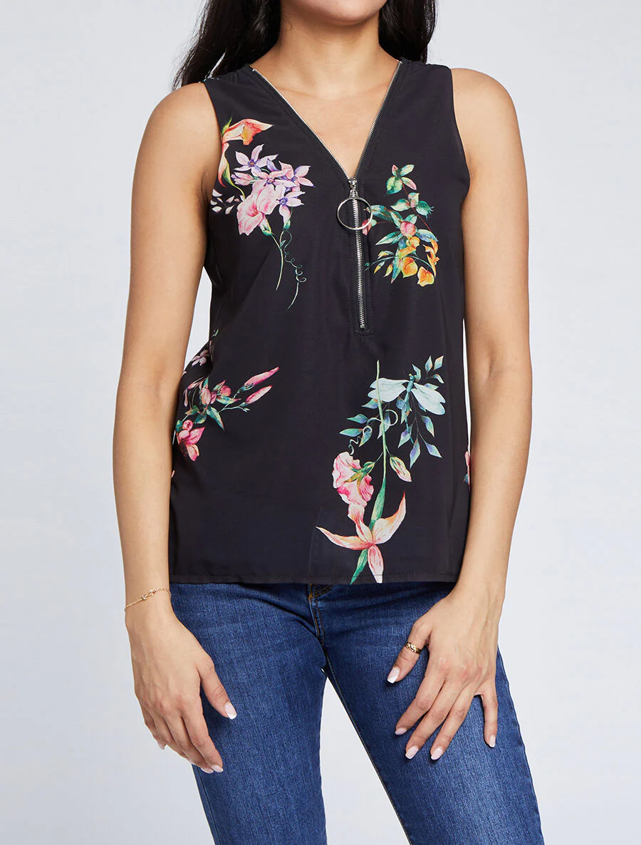 Bloemen top met ritskraag - Zwart - Image 4