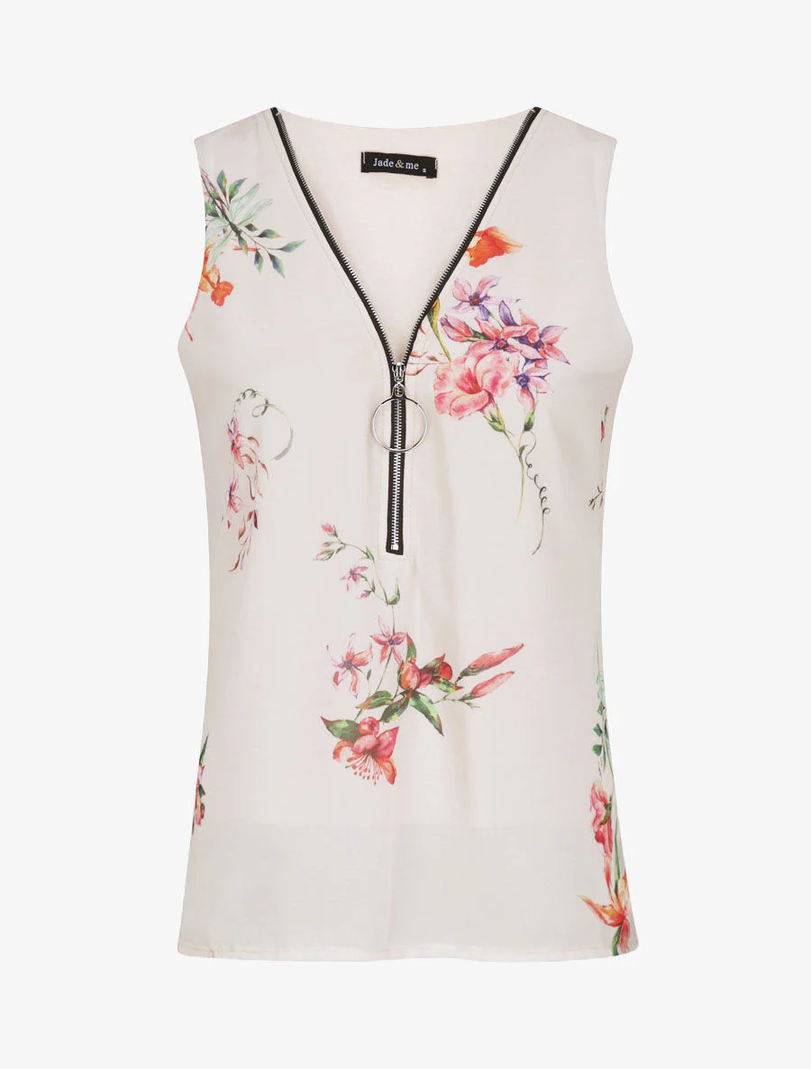 Bloemen top met ritskraag - Beige