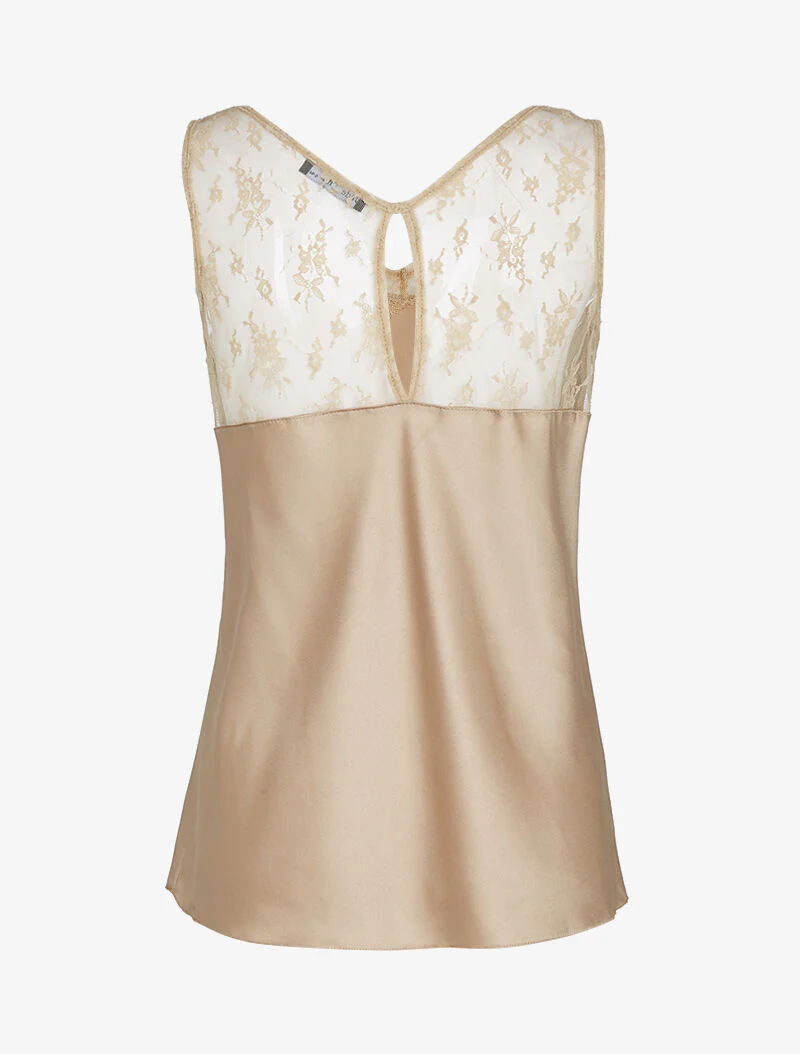 Satijnen top met tule halslijn - beige - Image 2