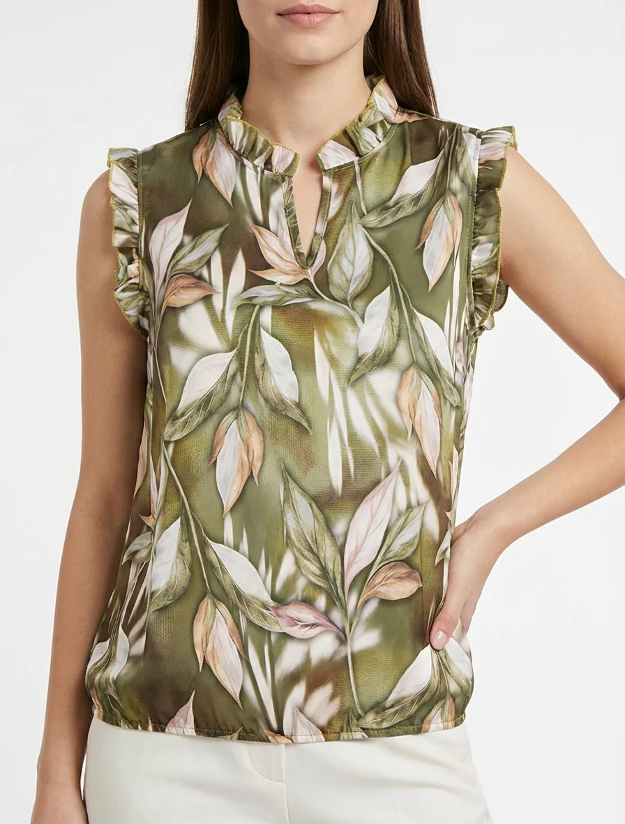 Top satijnen blouse met bladerprint - Kaki - Image 4