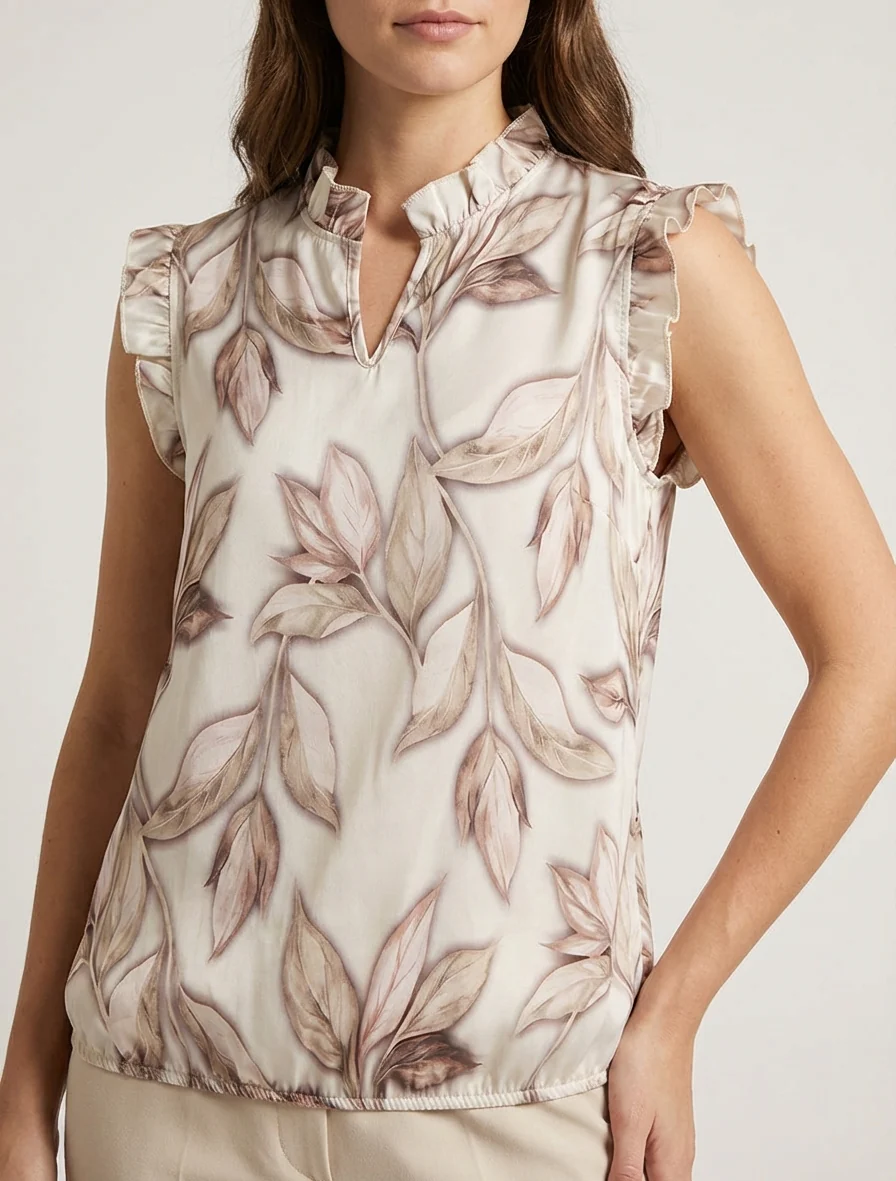 Top satijnen blouse met bladerprint - Beige - Image 4