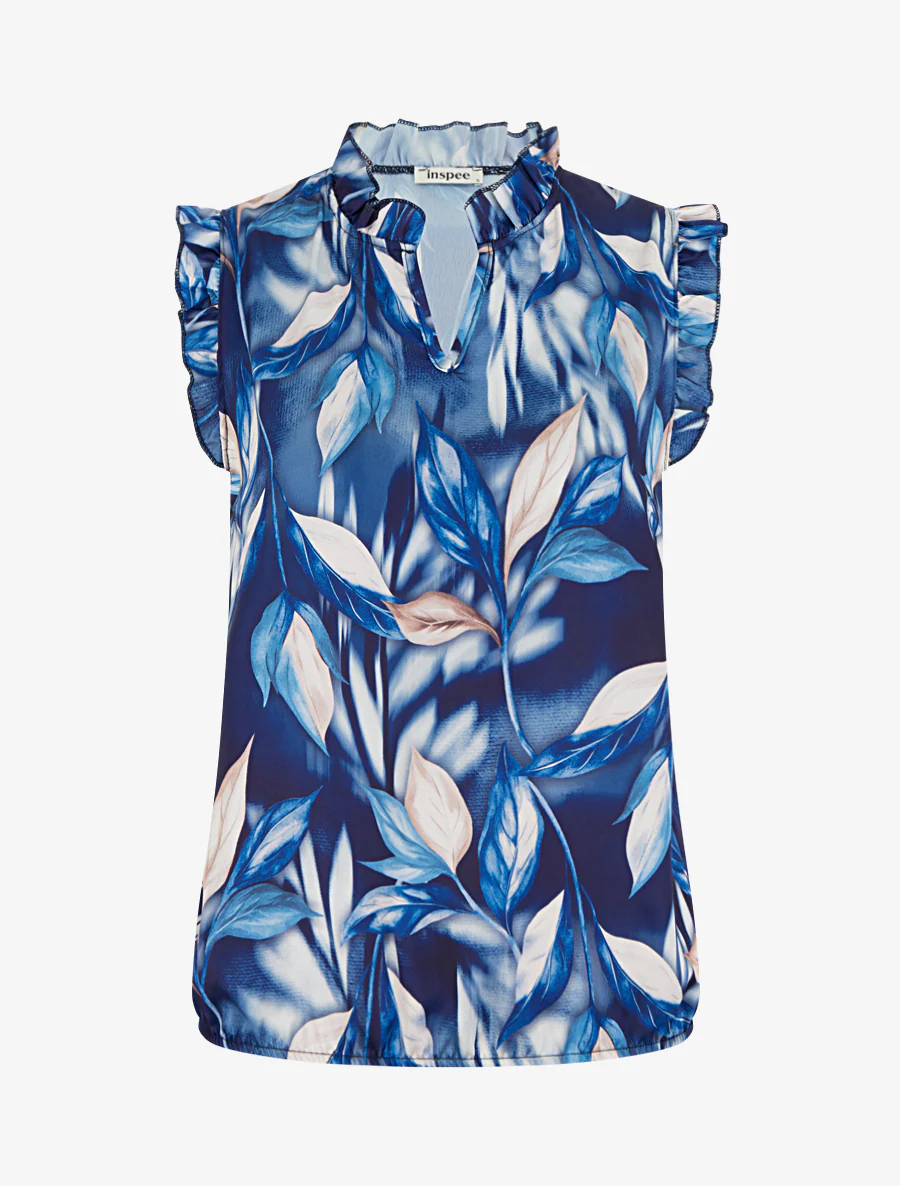 Top satijnen blouse met bladerprint - Marine