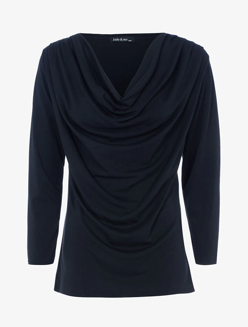 Top stretch met watervalhals - zwart