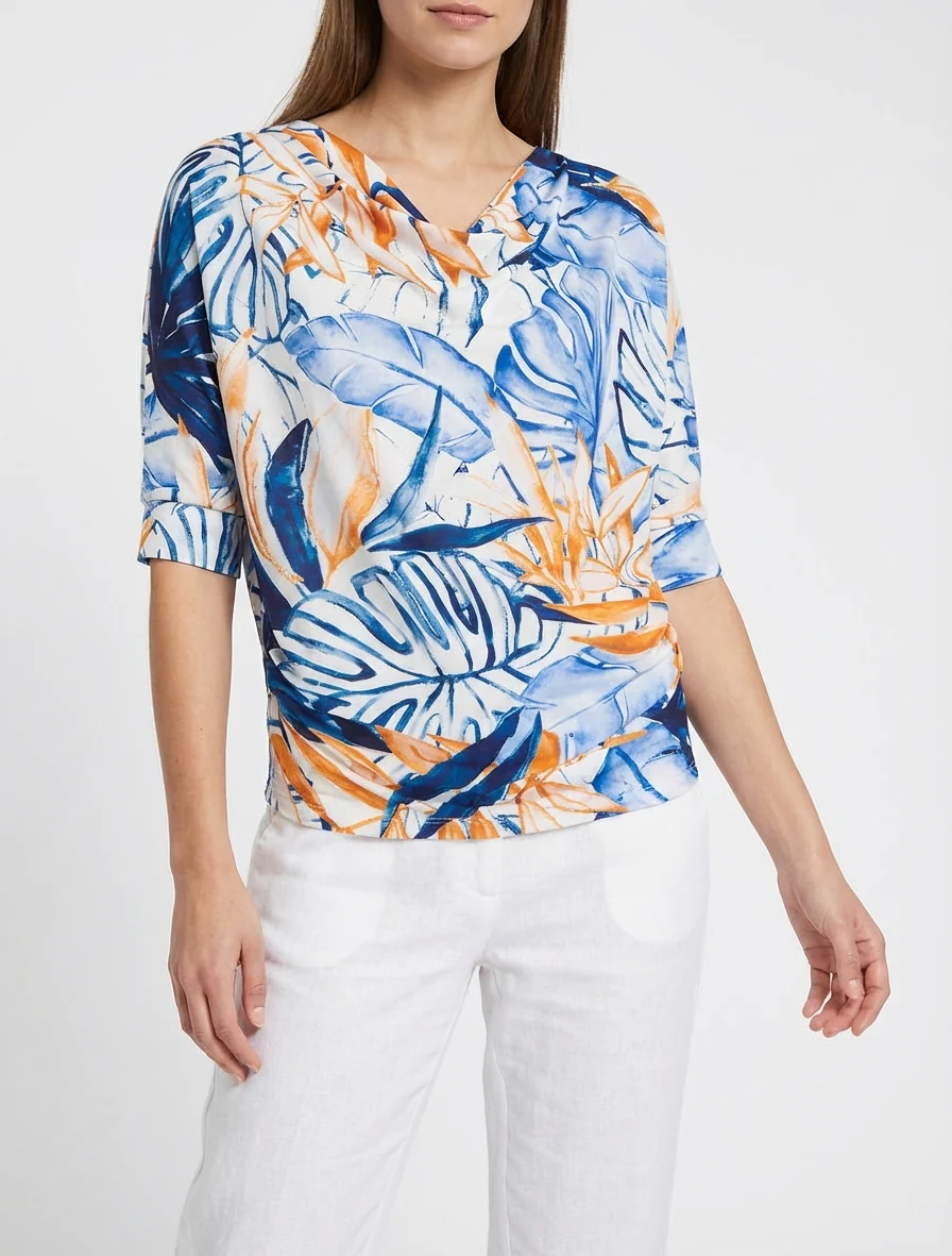Top tropisch met 3/4 mouwen en geplooid effect - Marine - Image 4