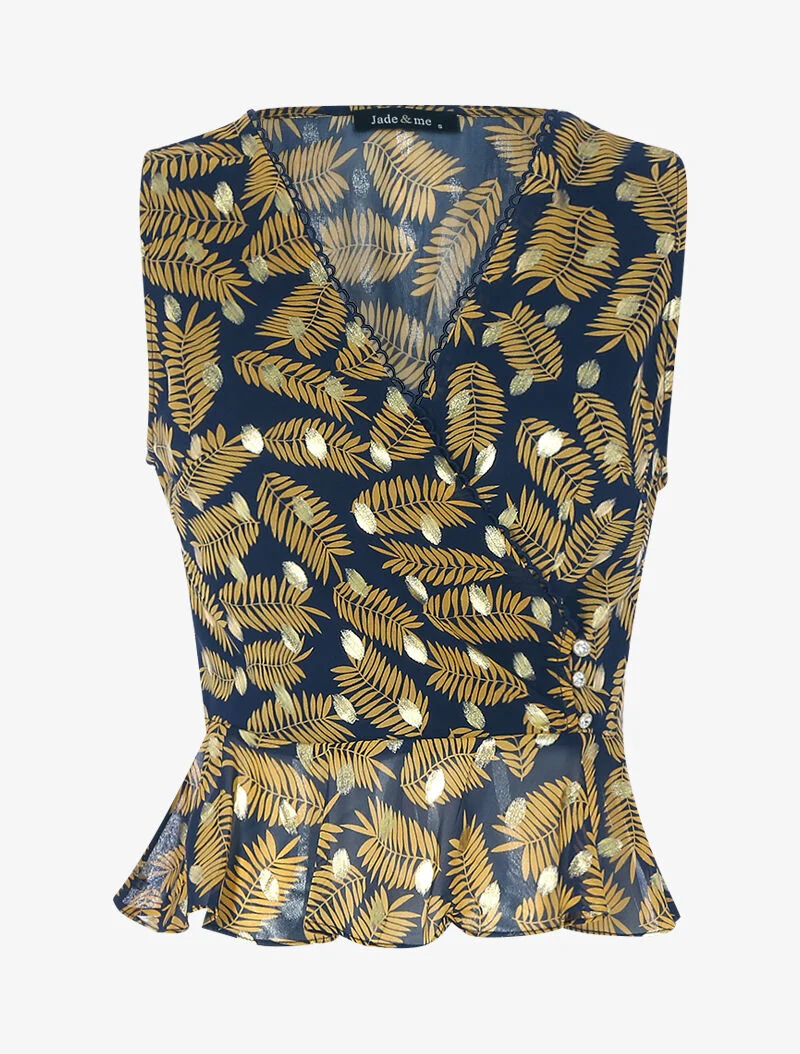 Top overslag in voile met bladprint - nachtblauw