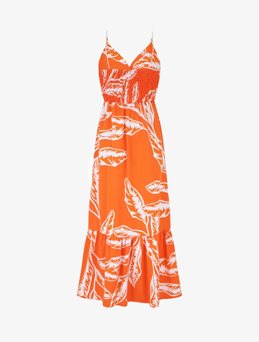 Touwjesjurk met grote bladerenprint - oranje - Image 3