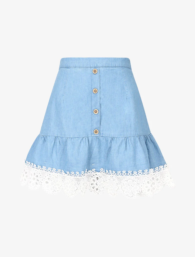 Trapeze rok met brede haakrand - licht denim