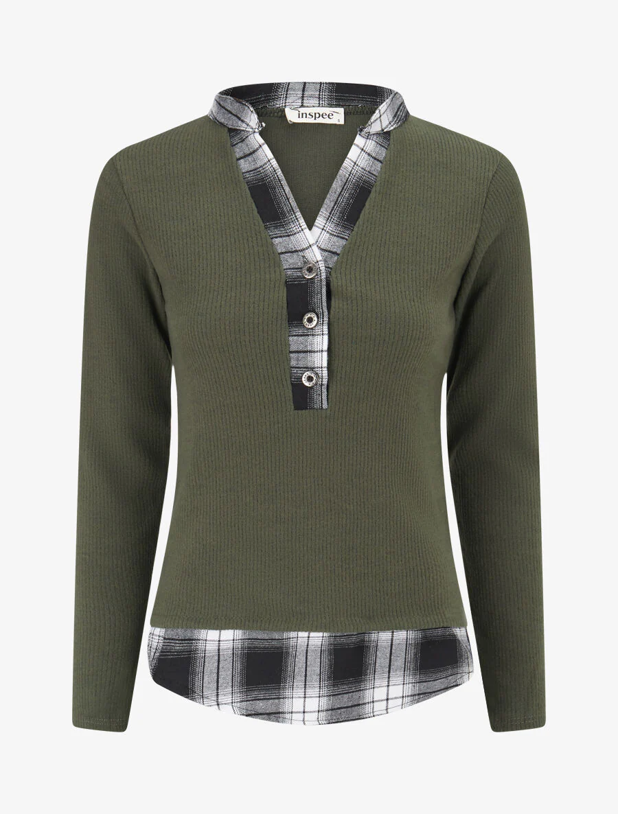 Trompe l'oeil trui met button-down kraag - kaki