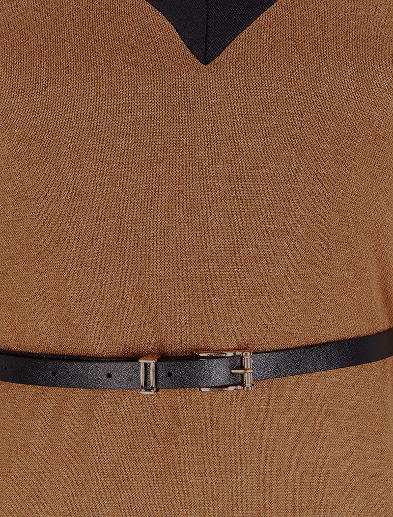 Satijnen V-hals trui jurk - Camel - Image 3