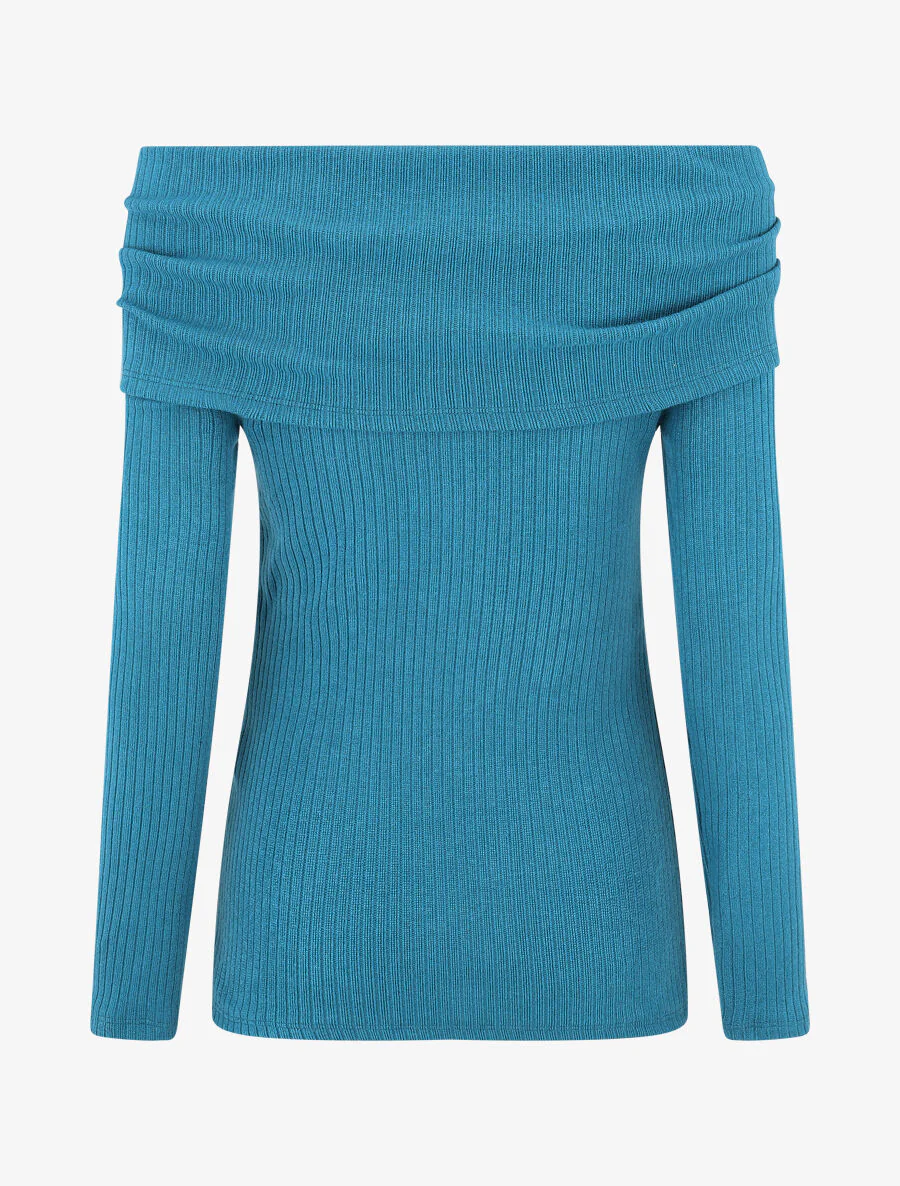 Trui met dunne geribde bardot-hals - eendblauw - Image 2