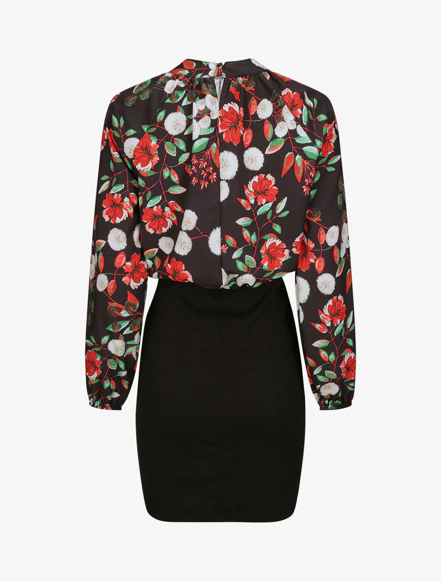 Twee-stof jurk met paardenbloemen en rozenprint - Zwart - Image 3