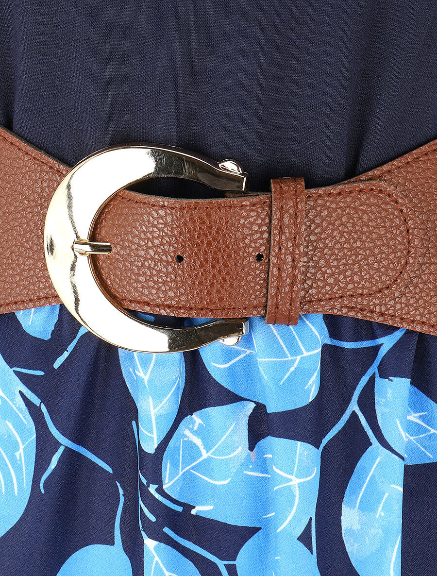 Tweekleurige jurk met bladerprint - Marineblauw - Image 3
