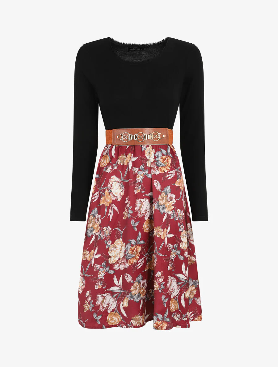 Tweekleurige jurk met bloemenprint - Bordeauxrood