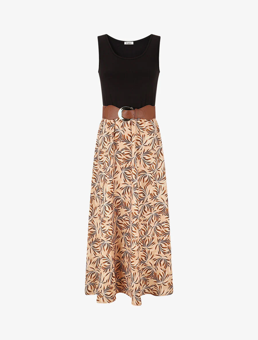 Tweekleurige jurk met bloemenprint - bruin