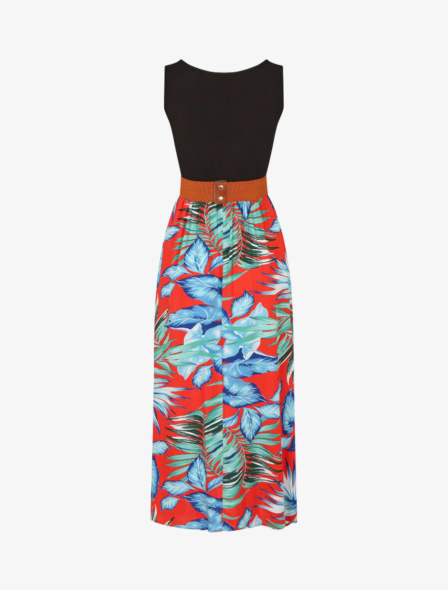 Tweekleurige jurk met tropische print - rood - Image 2