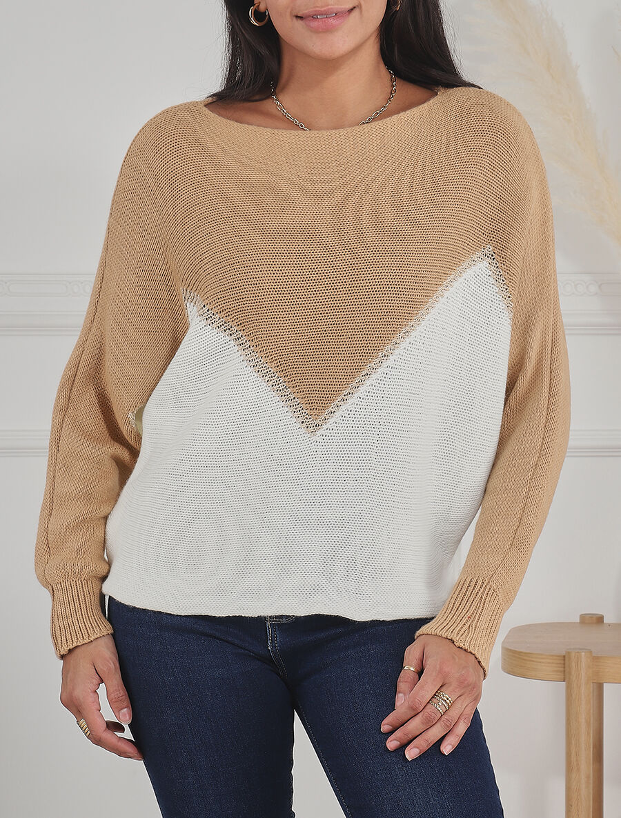Tweekleurige trui met goudkleurige zigzagrand - Beige - Image 4
