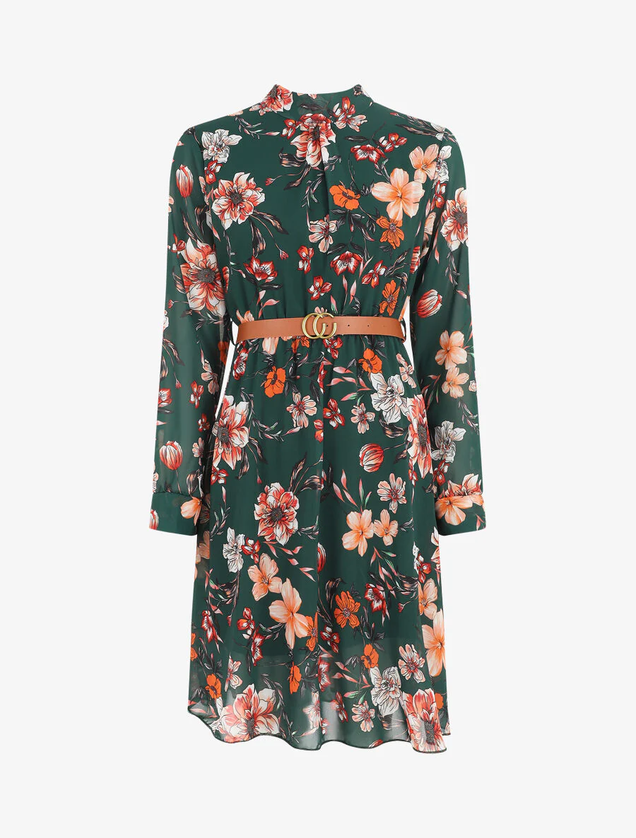 Uitlopende jurk met hoge kraag en wilde bloemen-print - Donkergroen