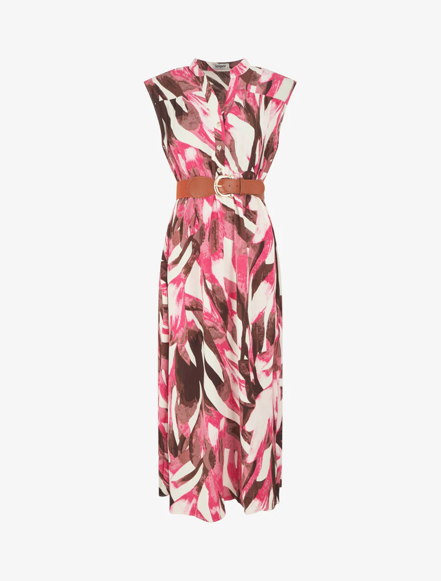 Uitlopende jurk met knopen en abstracte print - fuchsia