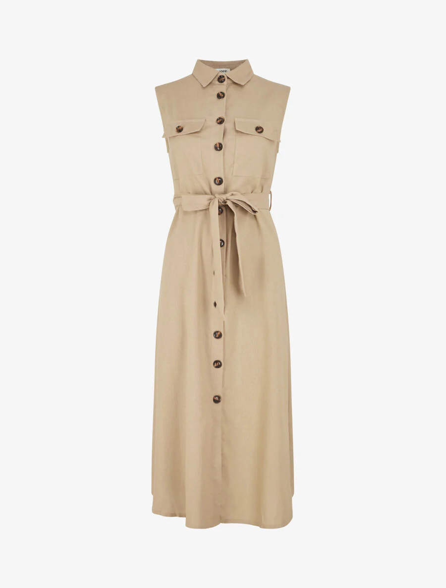 Uitlopende jurk met knopen en zakken - beige