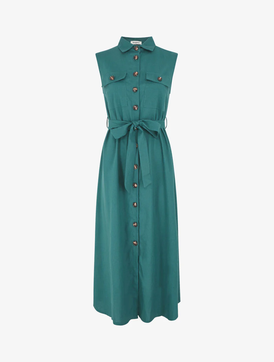 Uitlopende jurk met knopen en zakken - Blauwgroen