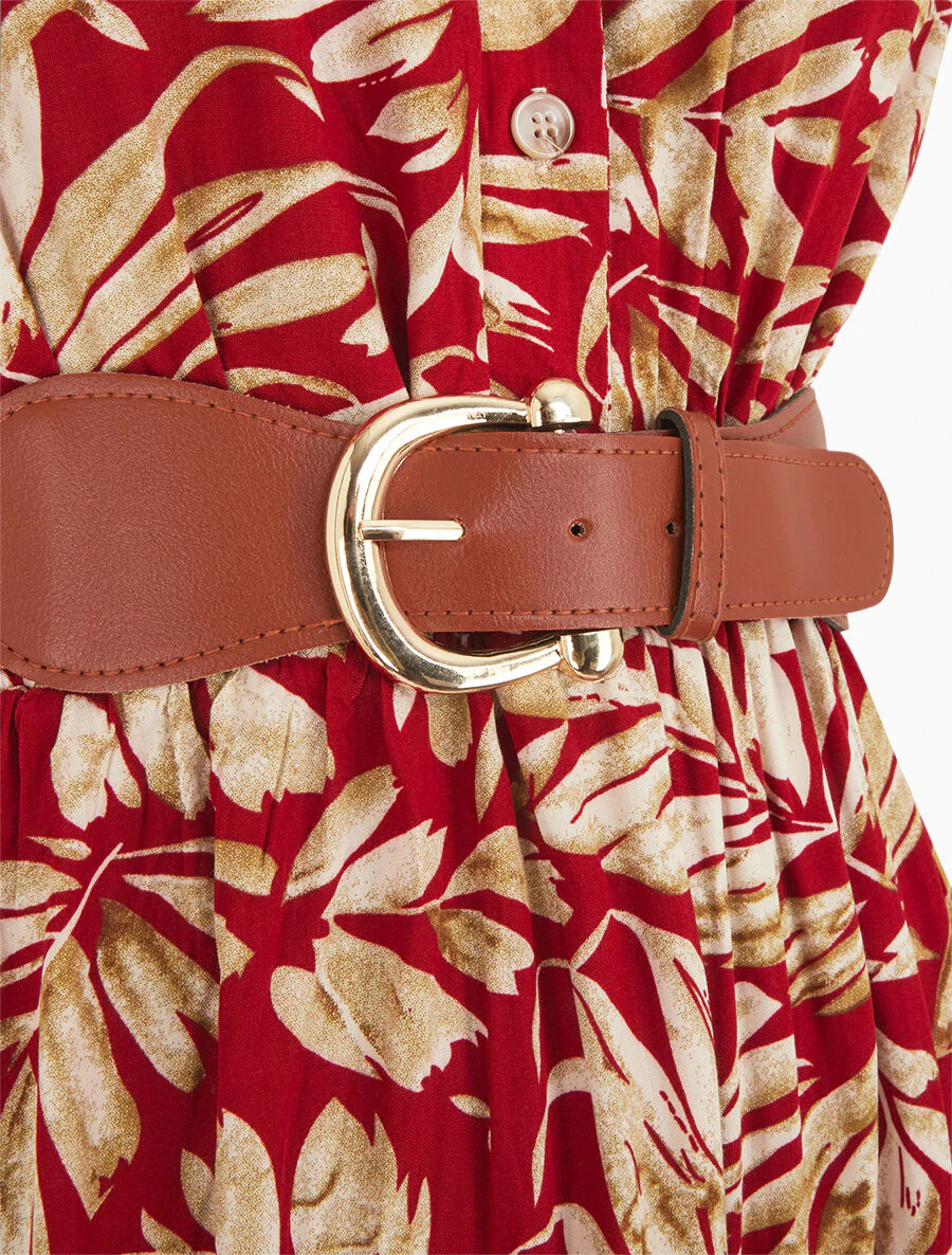 Uitlopende jurk met knopen met plantenprint - Rood - Image 3