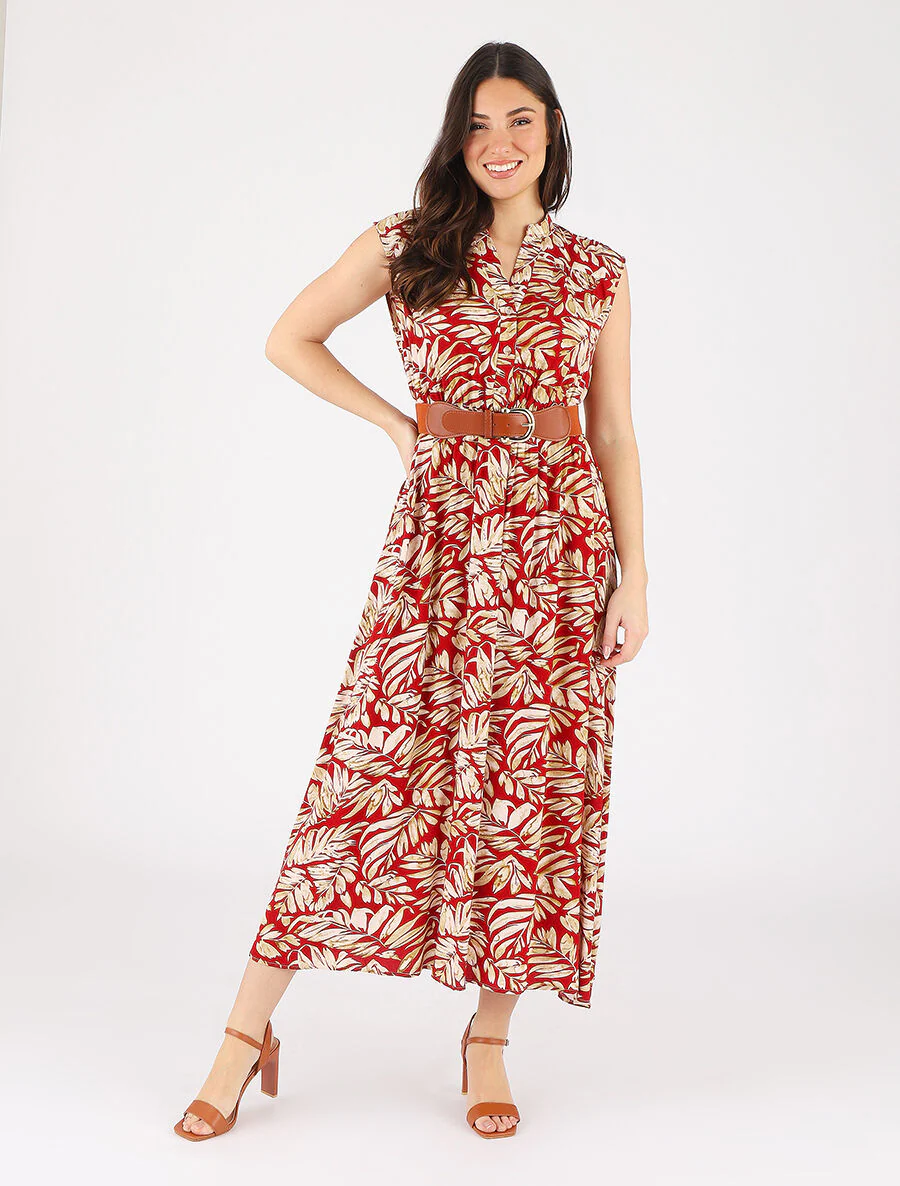 Uitlopende jurk met knopen met plantenprint - Rood - Image 4