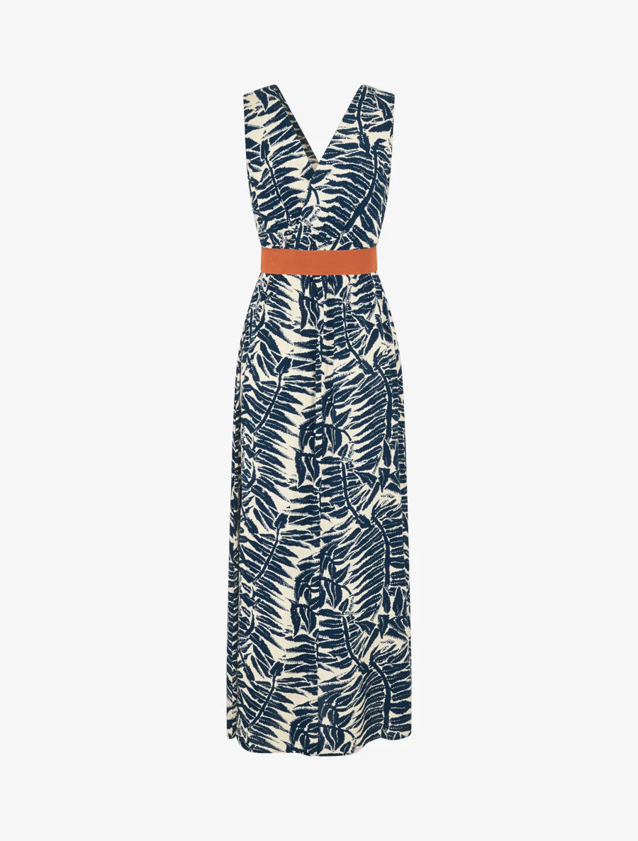 Uitlopende lange jurk met tropische print - Marineblauw - Image 2