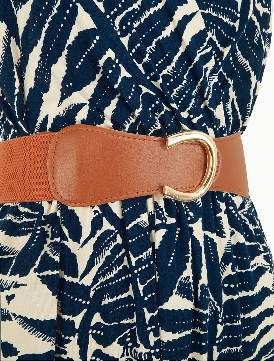 Uitlopende lange jurk met tropische print - Marineblauw - Image 3