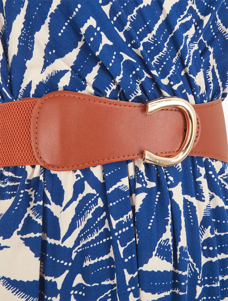 Uitlopende lange jurk met tropische print - blauw - Image 3
