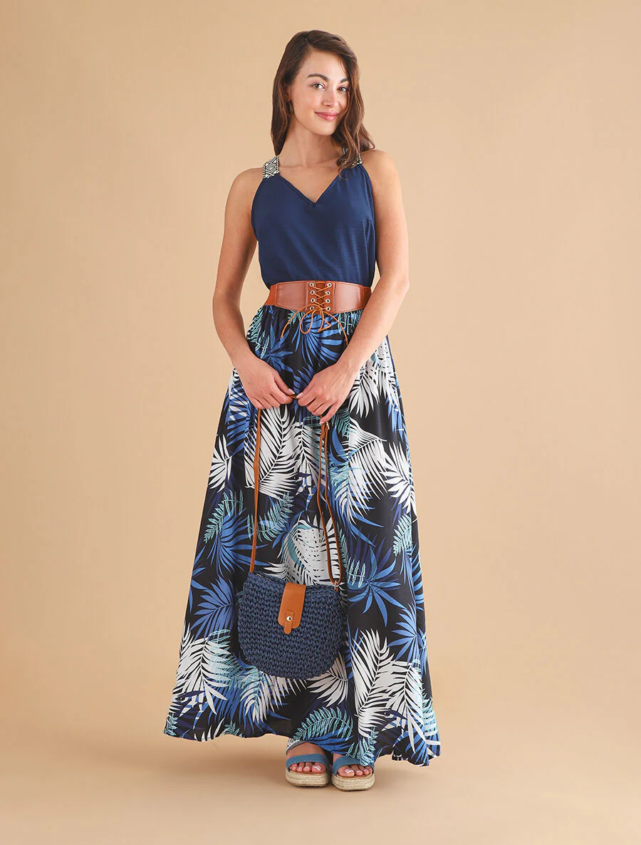 Uitlopende lange rok met tropische print - zwart - Image 4