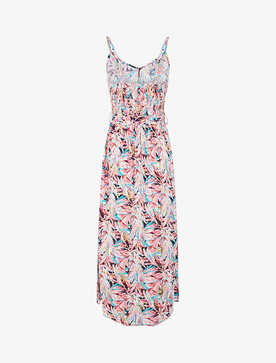 Uitlopende maxi-jurk met tropische print en dunne bandjes - Marineblauw/roze - Image 2