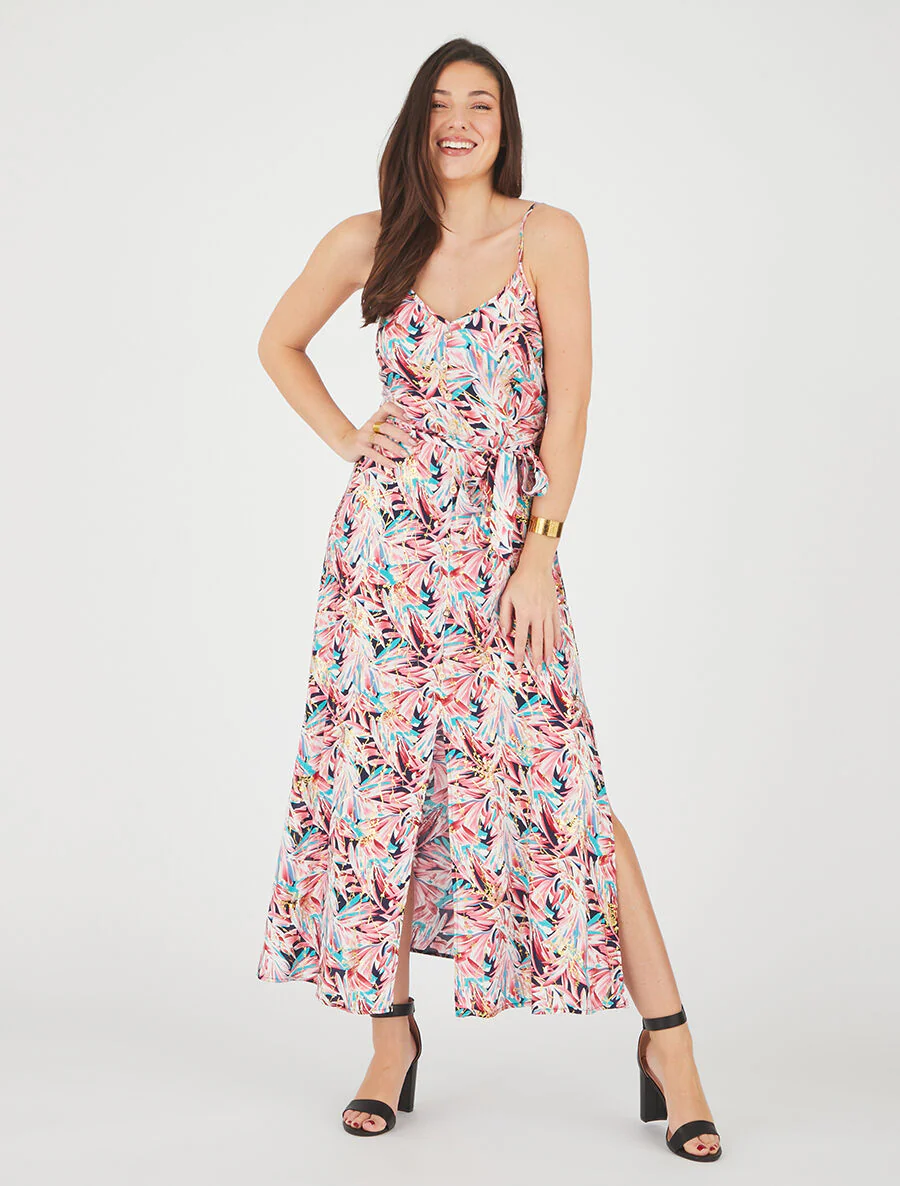 Uitlopende maxi-jurk met tropische print en dunne bandjes - Marineblauw/roze - Image 4